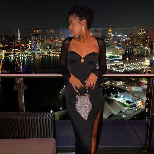 Black gown with beaded sleeves